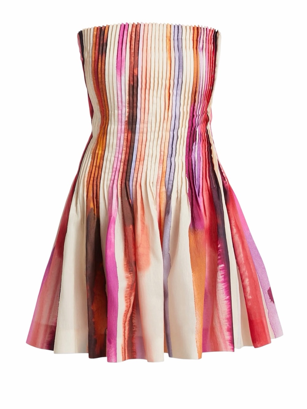 Amur | Gina Strapless Pleated Watercolor Stripe Mini Dress